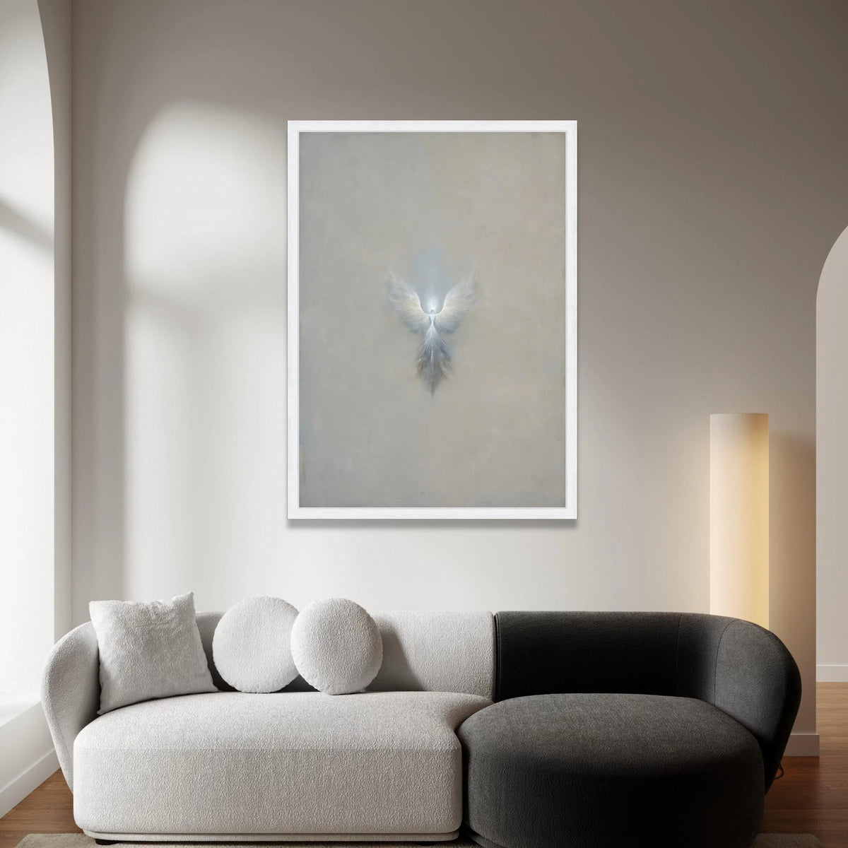 Ethereal Angel Wings Canvas, Minimalist Spiritual Wall Art, Soft Grey Abstract Canvas, Divine Light Home Decoration Canvas Print Art