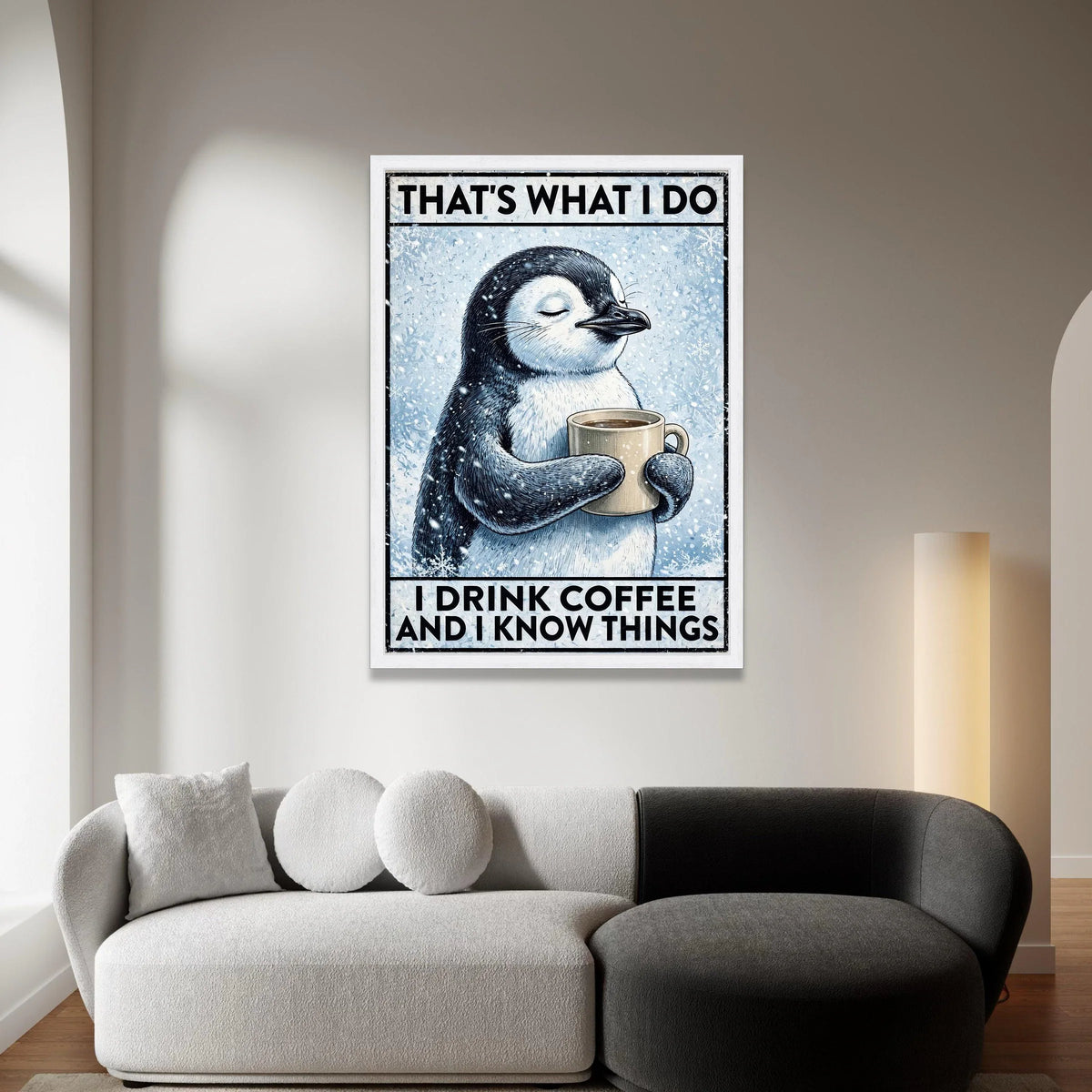 Cute Penguin Holding Coffee Mug Canvas, Funny Winter Animal Art, Drink Coffee and Know Things, Cozy Home Wall Decor, Coffee Canvas Print Art