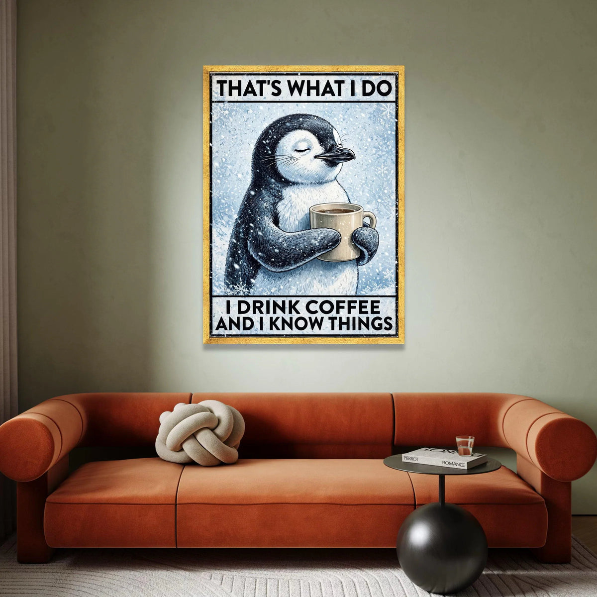 Cute Penguin Holding Coffee Mug Canvas, Funny Winter Animal Art, Drink Coffee and Know Things, Cozy Home Wall Decor, Coffee Canvas Print Art