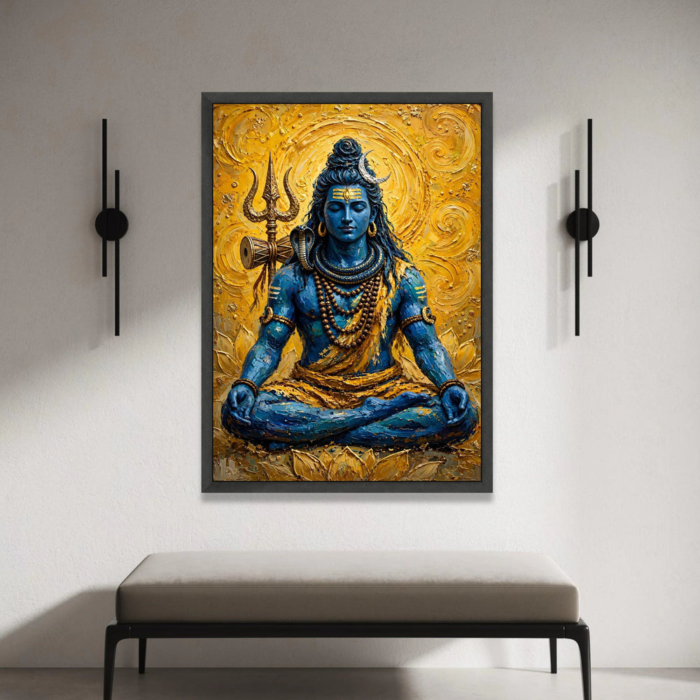 Meditative Lord Shiva Canvas Wall Art, Blue God Spiritual Painting, Hindu Mythology Decor, Trident and Serpent Symbolism, Canvas Print Art