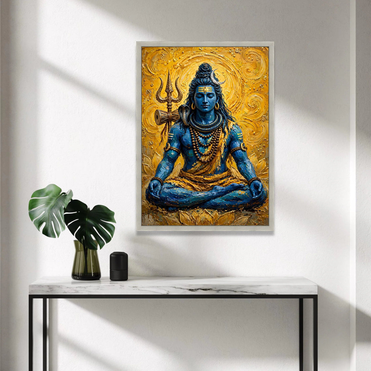 Meditative Lord Shiva Canvas Wall Art, Blue God Spiritual Painting, Hindu Mythology Decor, Trident and Serpent Symbolism, Canvas Print Art
