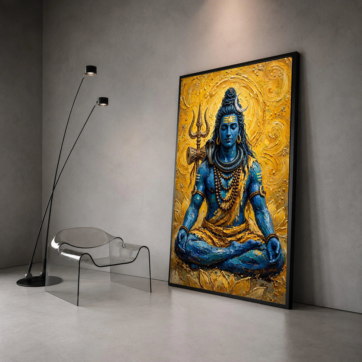 Meditative Lord Shiva Canvas Wall Art, Blue God Spiritual Painting, Hindu Mythology Decor, Trident and Serpent Symbolism, Canvas Print Art