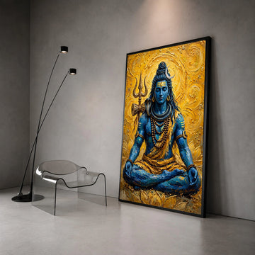 Meditative Lord Shiva Canvas Wall Art, Blue God Spiritual Painting, Hindu Mythology Decor, Trident and Serpent Symbolism, Canvas Print Art
