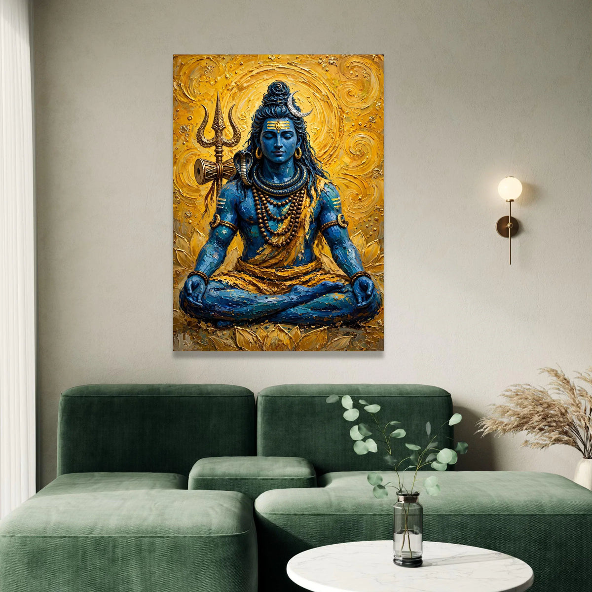 Meditative Lord Shiva Canvas Wall Art, Blue God Spiritual Painting, Hindu Mythology Decor, Trident and Serpent Symbolism, Canvas Print Art