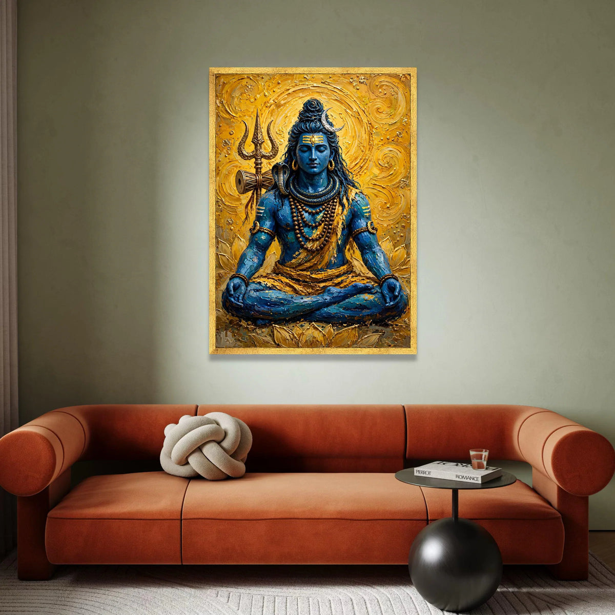 Meditative Lord Shiva Canvas Wall Art, Blue God Spiritual Painting, Hindu Mythology Decor, Trident and Serpent Symbolism, Canvas Print Art
