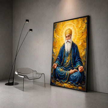 Spiritual Guru Meditation Canvas, Golden Halo Portrait, Peaceful Man with Turban, Blue and Yellow Wall Art, Religious Home Canvas Print Art