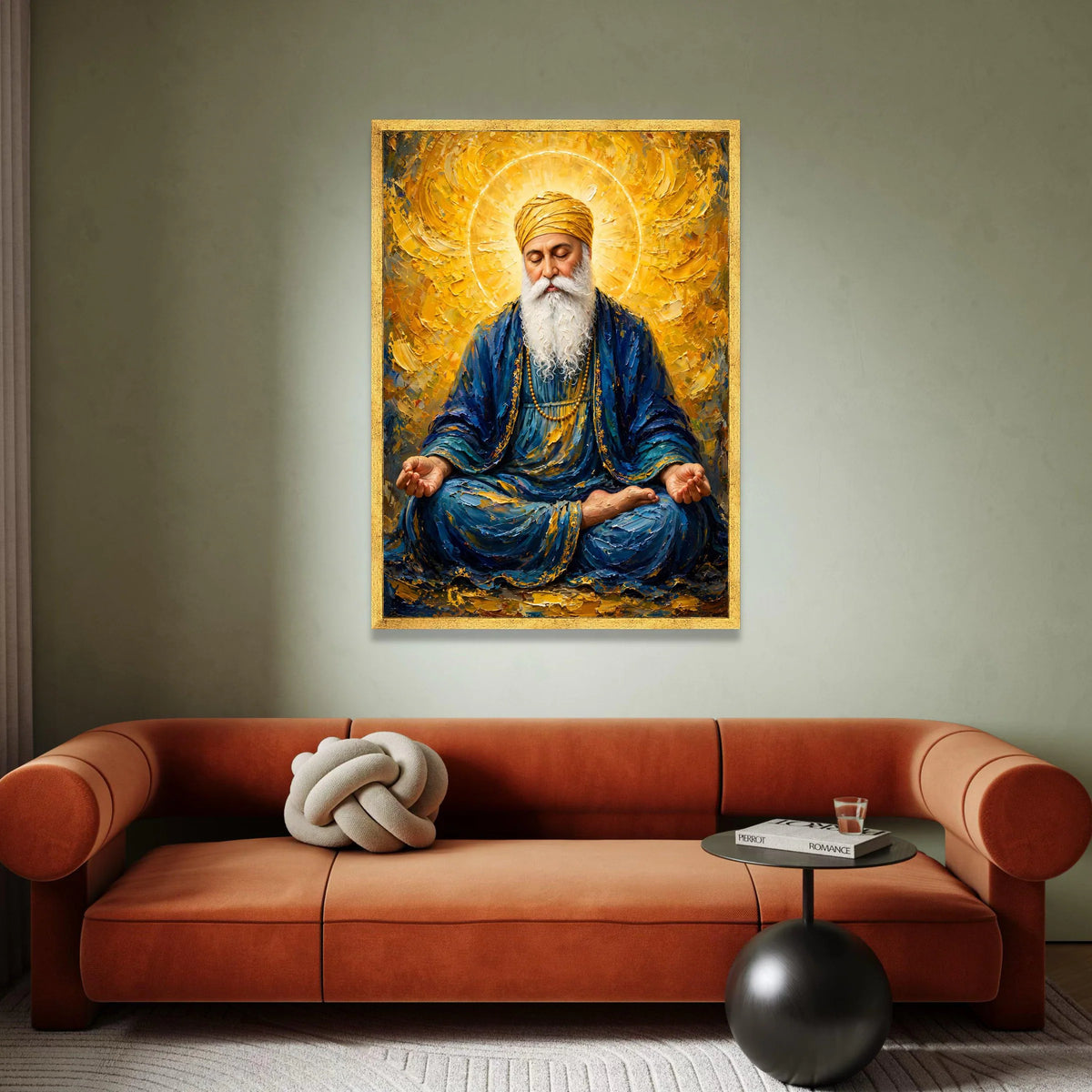 Spiritual Guru Meditation Canvas, Golden Halo Portrait, Peaceful Man with Turban, Blue and Yellow Wall Art, Religious Home Canvas Print Art