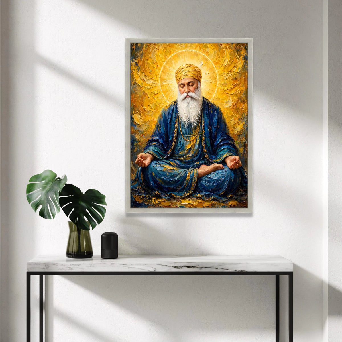 Spiritual Guru Meditation Canvas, Golden Halo Portrait, Peaceful Man with Turban, Blue and Yellow Wall Art, Religious Home Canvas Print Art