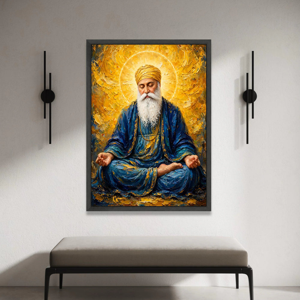Spiritual Guru Meditation Canvas, Golden Halo Portrait, Peaceful Man with Turban, Blue and Yellow Wall Art, Religious Home Canvas Print Art