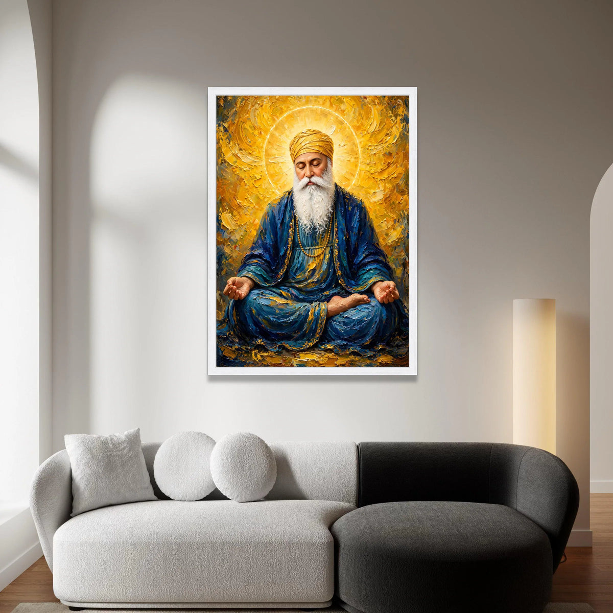 Spiritual Guru Meditation Canvas, Golden Halo Portrait, Peaceful Man with Turban, Blue and Yellow Wall Art, Religious Home Canvas Print Art