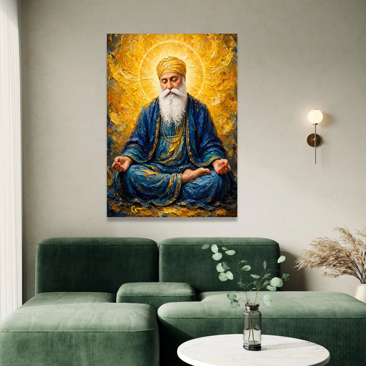 Spiritual Guru Meditation Canvas, Golden Halo Portrait, Peaceful Man with Turban, Blue and Yellow Wall Art, Religious Home Canvas Print Art