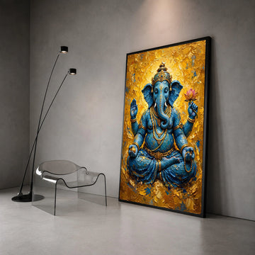 Blue Ganesha Statue Canvas, Hindu God Wall Art, Spiritual Home Decor, Sacred Elephant Art, Meditation Room Decoration, Canvas Print Art