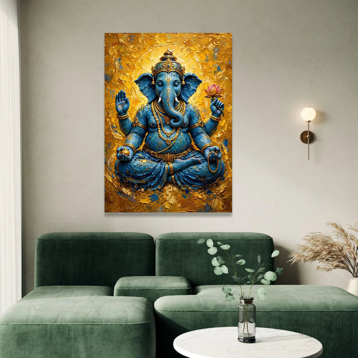 Blue Ganesha Statue Canvas, Hindu God Wall Art, Spiritual Home Decor, Sacred Elephant Art, Meditation Room Decoration, Canvas Print Art