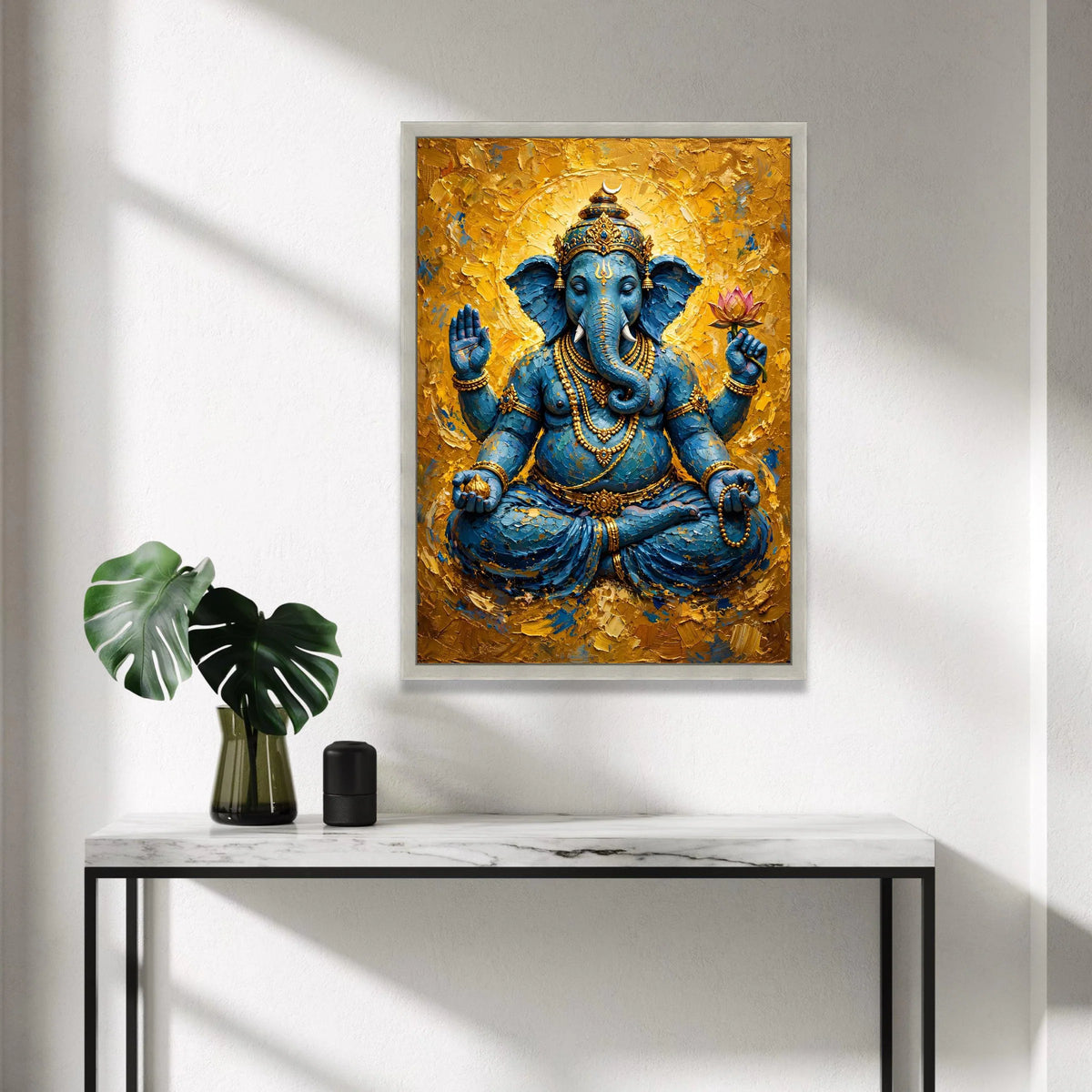 Blue Ganesha Statue Canvas, Hindu God Wall Art, Spiritual Home Decor, Sacred Elephant Art, Meditation Room Decoration, Canvas Print Art
