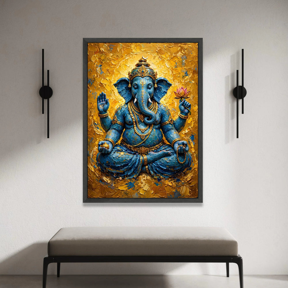 Blue Ganesha Statue Canvas, Hindu God Wall Art, Spiritual Home Decor, Sacred Elephant Art, Meditation Room Decoration, Canvas Print Art
