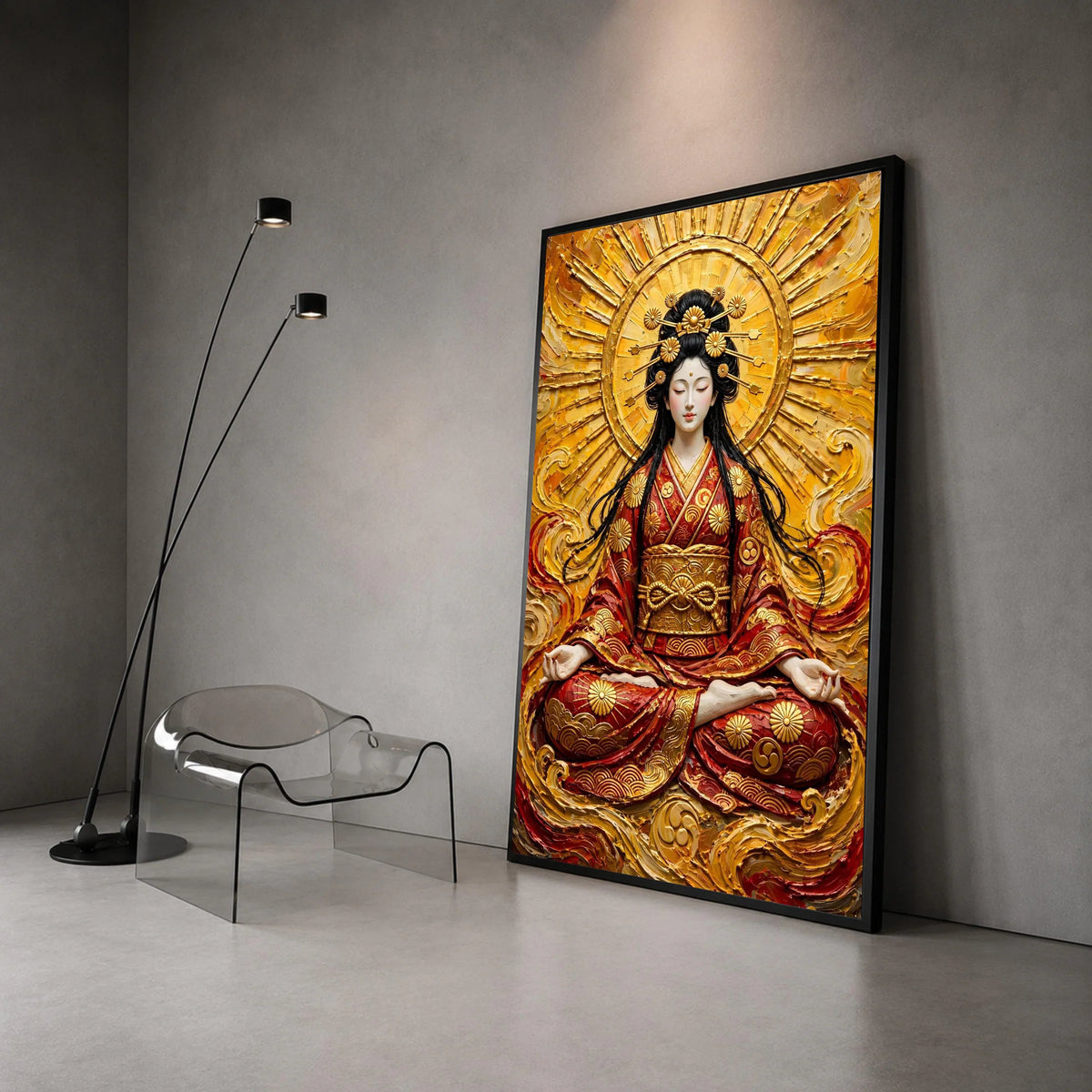 Tranquil Asian Goddess Meditation Canvas, Golden Radiant Halo Wall Art, Eastern Spiritual Decor, Zen Calm Atmosphere Canvas Canvas Print Art