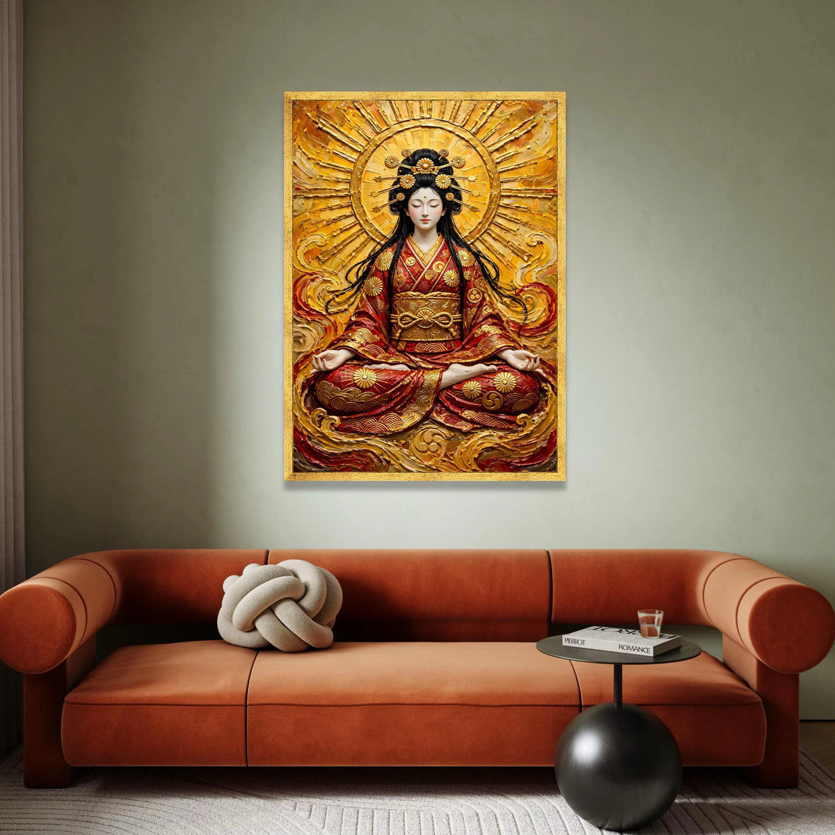 Tranquil Asian Goddess Meditation Canvas, Golden Radiant Halo Wall Art, Eastern Spiritual Decor, Zen Calm Atmosphere Canvas Canvas Print Art