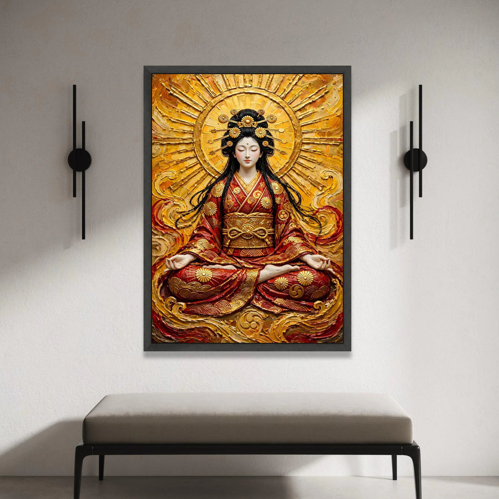 Tranquil Asian Goddess Meditation Canvas, Golden Radiant Halo Wall Art, Eastern Spiritual Decor, Zen Calm Atmosphere Canvas Canvas Print Art