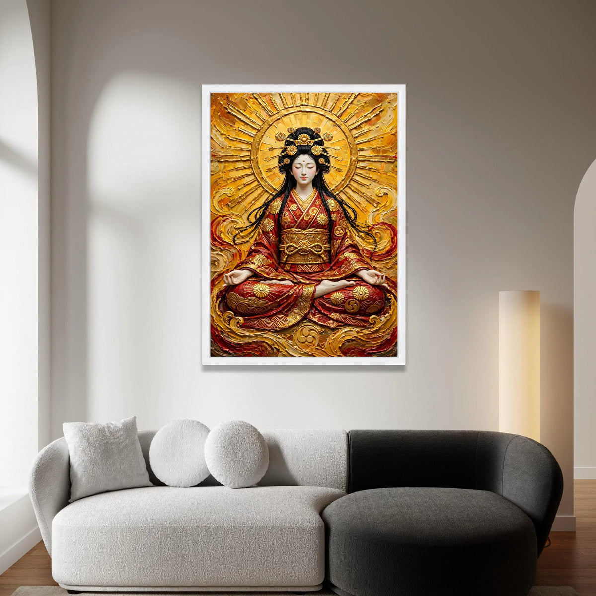 Tranquil Asian Goddess Meditation Canvas, Golden Radiant Halo Wall Art, Eastern Spiritual Decor, Zen Calm Atmosphere Canvas Canvas Print Art