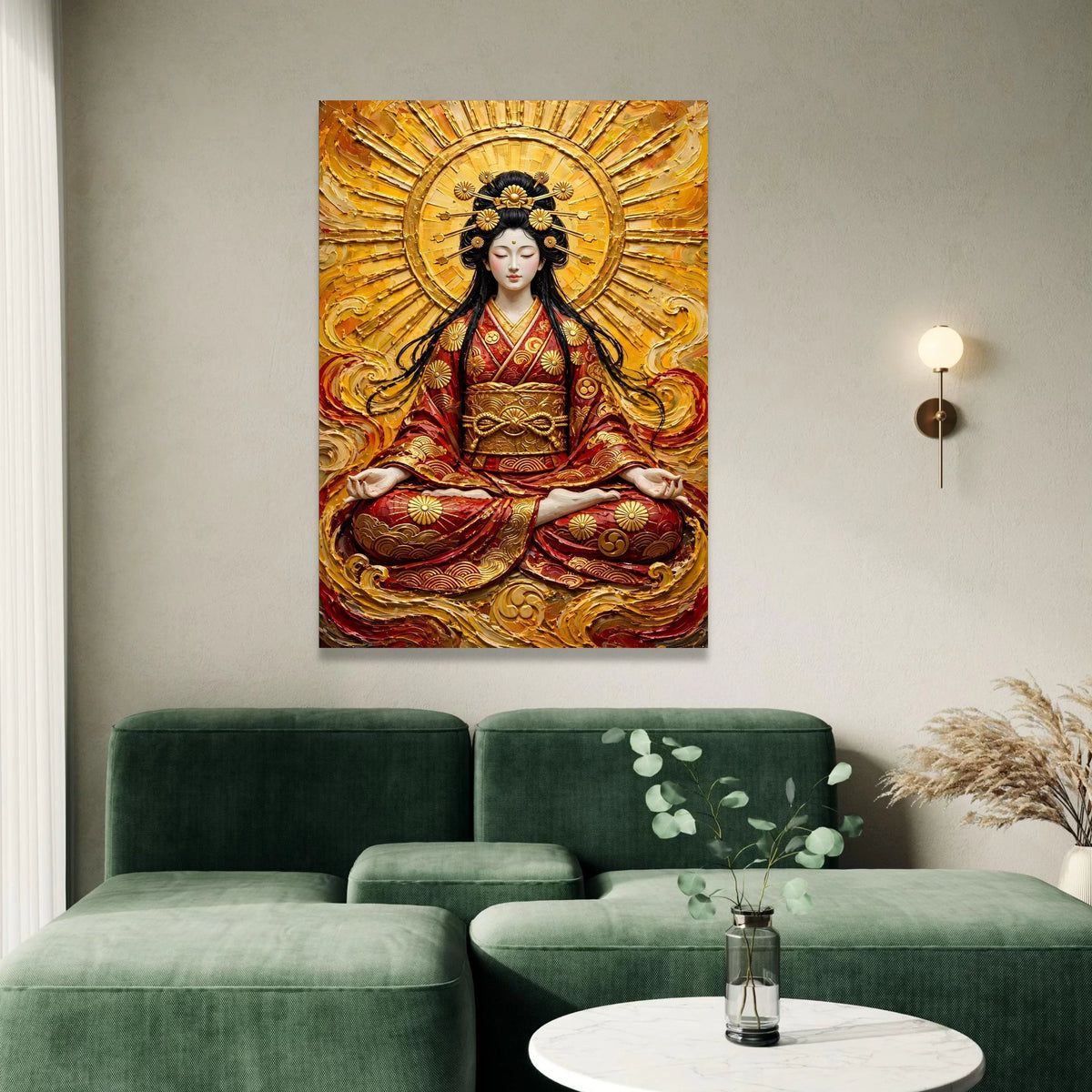Tranquil Asian Goddess Meditation Canvas, Golden Radiant Halo Wall Art, Eastern Spiritual Decor, Zen Calm Atmosphere Canvas Canvas Print Art