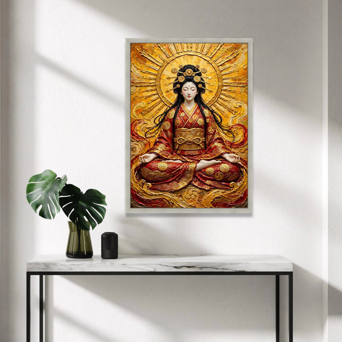 Tranquil Asian Goddess Meditation Canvas, Golden Radiant Halo Wall Art, Eastern Spiritual Decor, Zen Calm Atmosphere Canvas Canvas Print Art