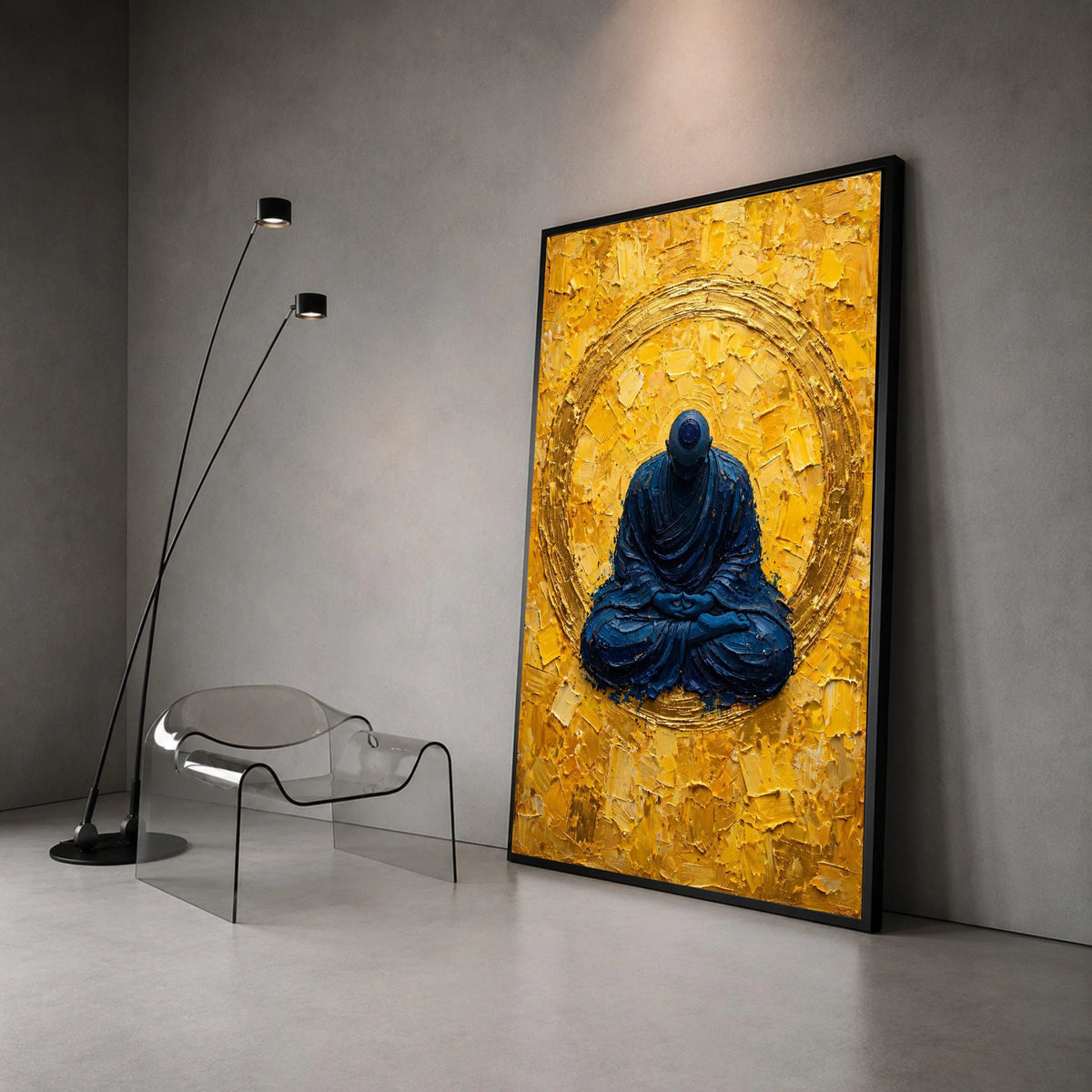 Meditating Buddha Canvas Wall Art, Spiritual Zen Meditation Decor, Blue and Gold Abstract Canvas, Mindfulness Home Canvas Print Art