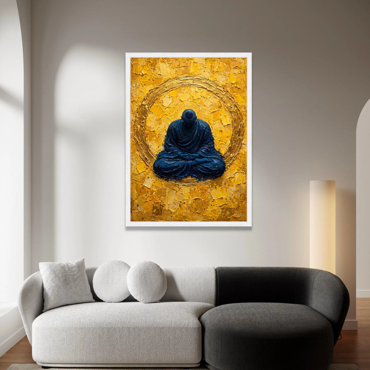 Meditating Buddha Canvas Wall Art, Spiritual Zen Meditation Decor, Blue and Gold Abstract Canvas, Mindfulness Home Canvas Print Art