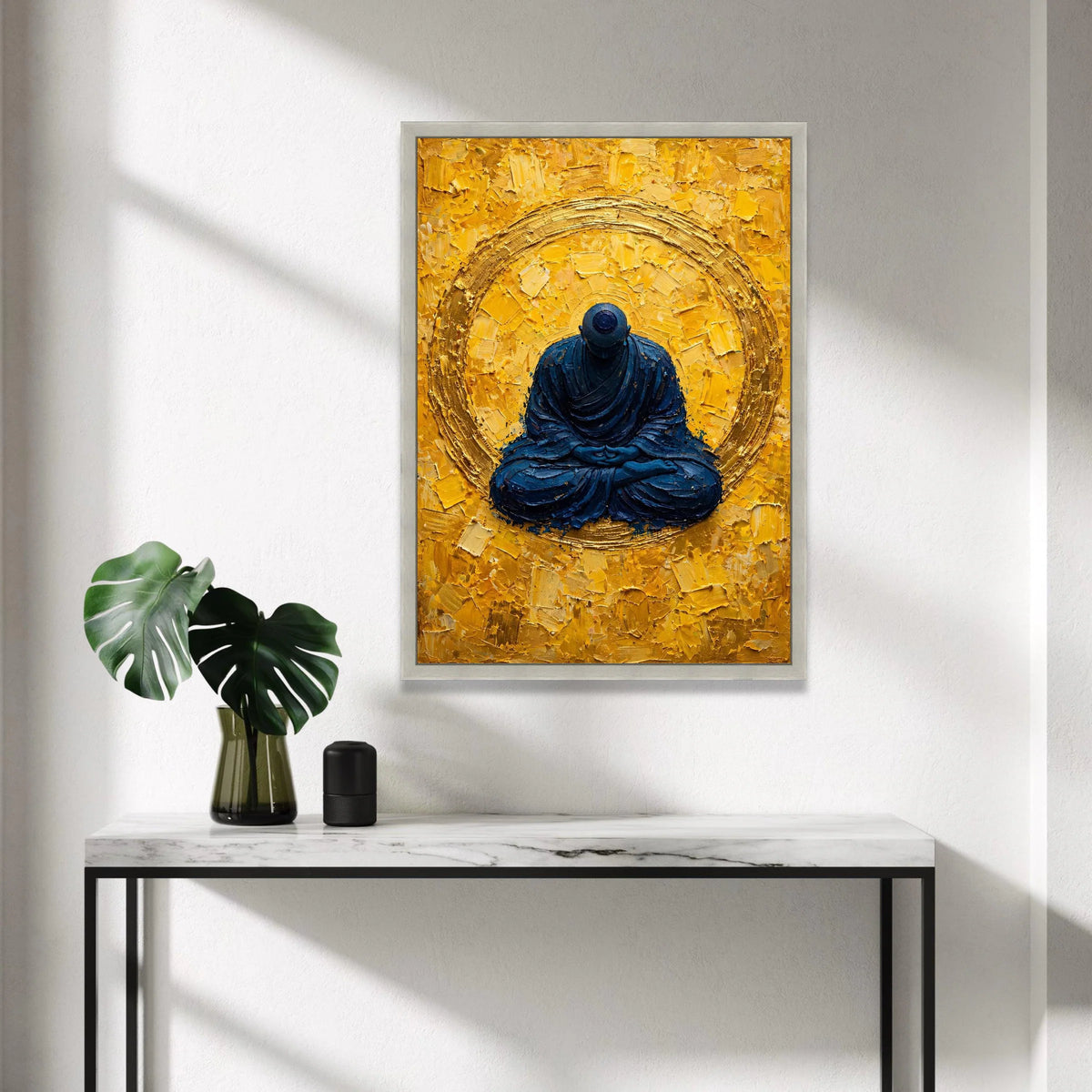 Meditating Buddha Canvas Wall Art, Spiritual Zen Meditation Decor, Blue and Gold Abstract Canvas, Mindfulness Home Canvas Print Art
