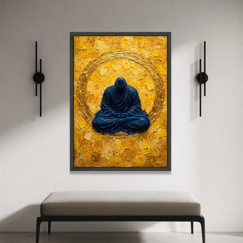 Meditating Buddha Canvas Wall Art, Spiritual Zen Meditation Decor, Blue and Gold Abstract Canvas, Mindfulness Home Canvas Print Art