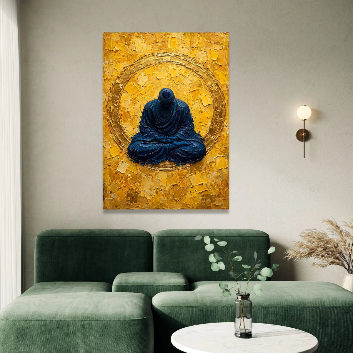 Meditating Buddha Canvas Wall Art, Spiritual Zen Meditation Decor, Blue and Gold Abstract Canvas, Mindfulness Home Canvas Print Art