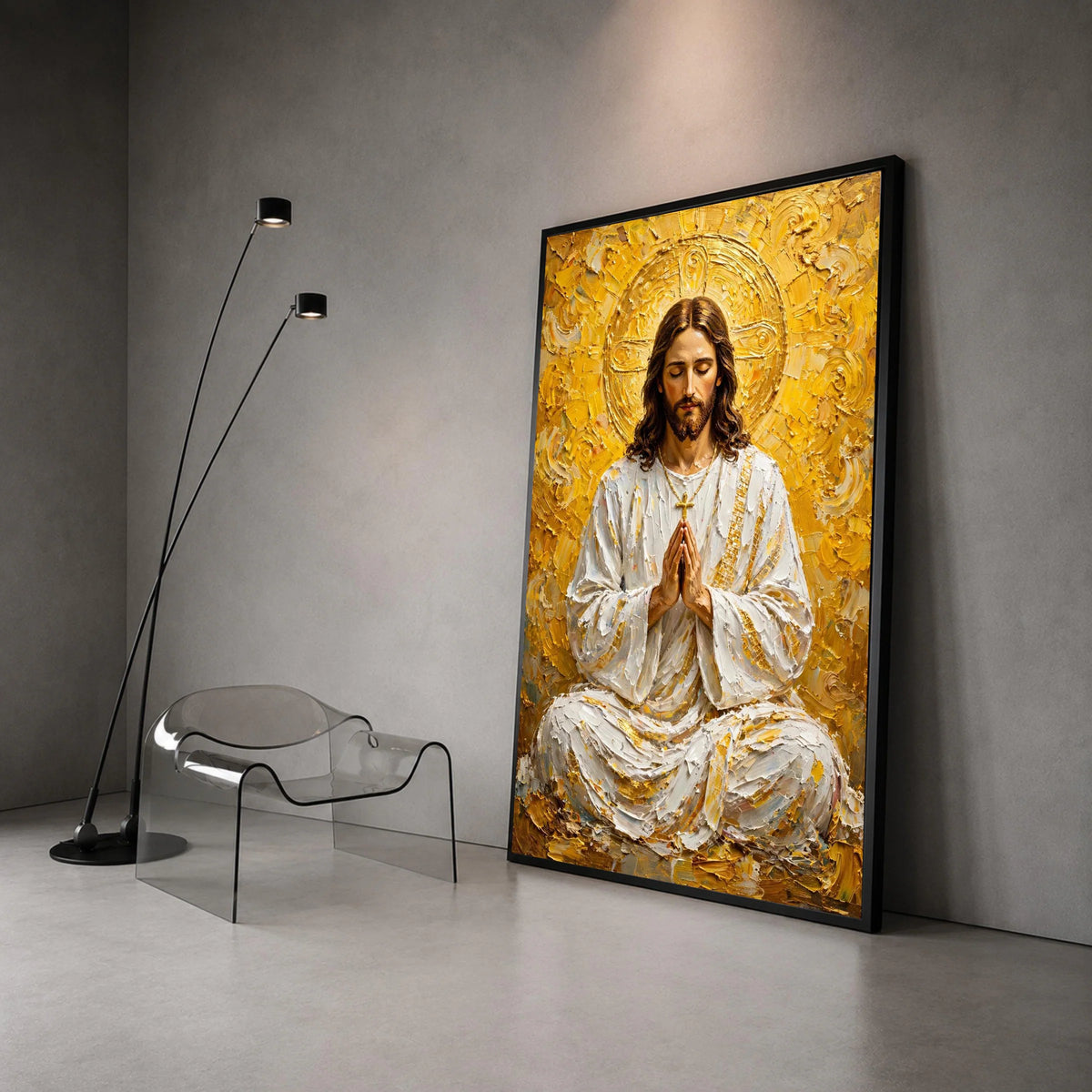 Serene Praying Jesus Canvas Wall Art, Spiritual Christian Decor, Religious Inspirational Painting, Golden Halo Sacred Art, Canvas Print Art