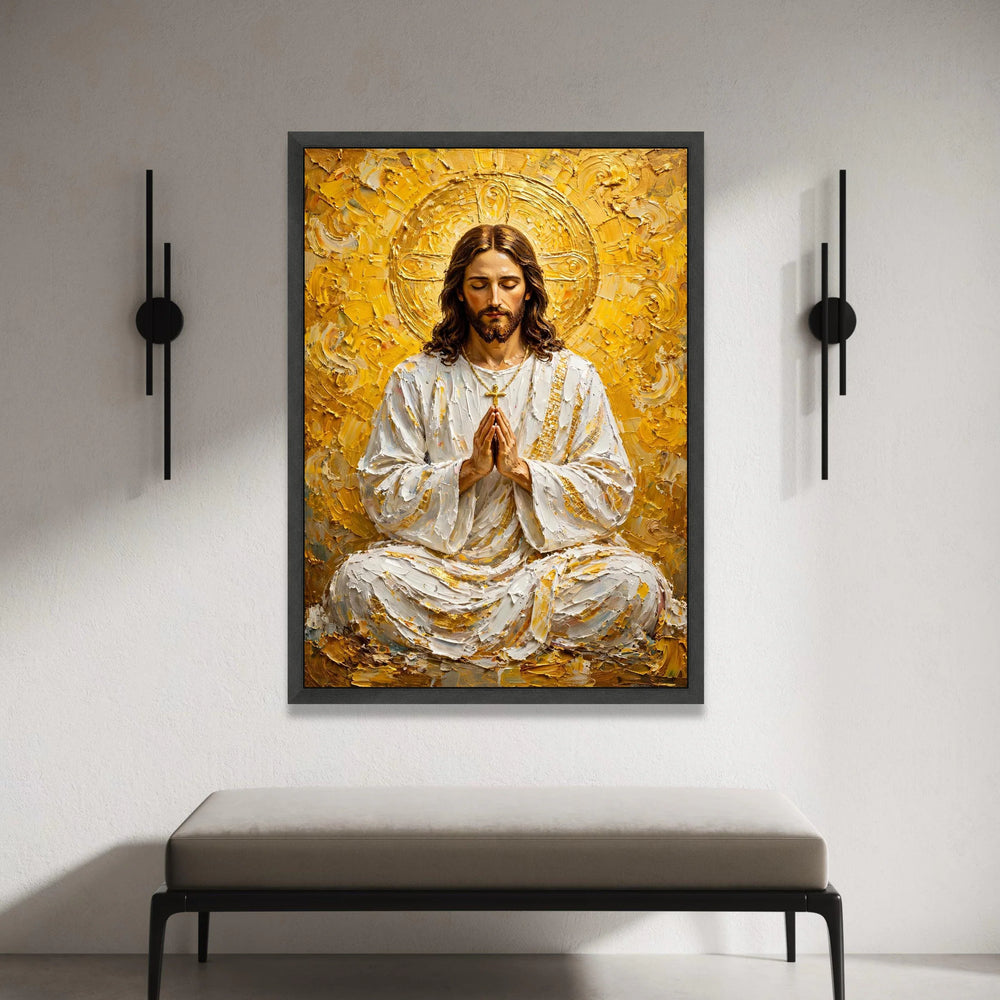 Serene Praying Jesus Canvas Wall Art, Spiritual Christian Decor, Religious Inspirational Painting, Golden Halo Sacred Art, Canvas Print Art