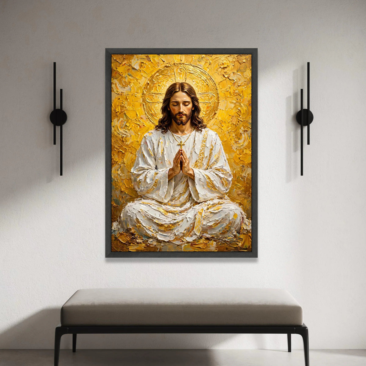 Serene Praying Jesus Canvas Wall Art, Spiritual Christian Decor, Religious Inspirational Painting, Golden Halo Sacred Art, Canvas Print Art