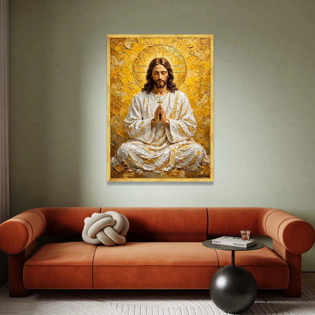 Serene Praying Jesus Canvas Wall Art, Spiritual Christian Decor, Religious Inspirational Painting, Golden Halo Sacred Art, Canvas Print Art
