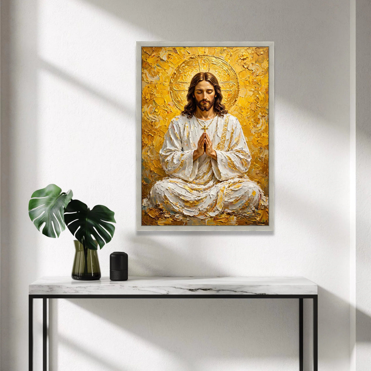 Serene Praying Jesus Canvas Wall Art, Spiritual Christian Decor, Religious Inspirational Painting, Golden Halo Sacred Art, Canvas Print Art