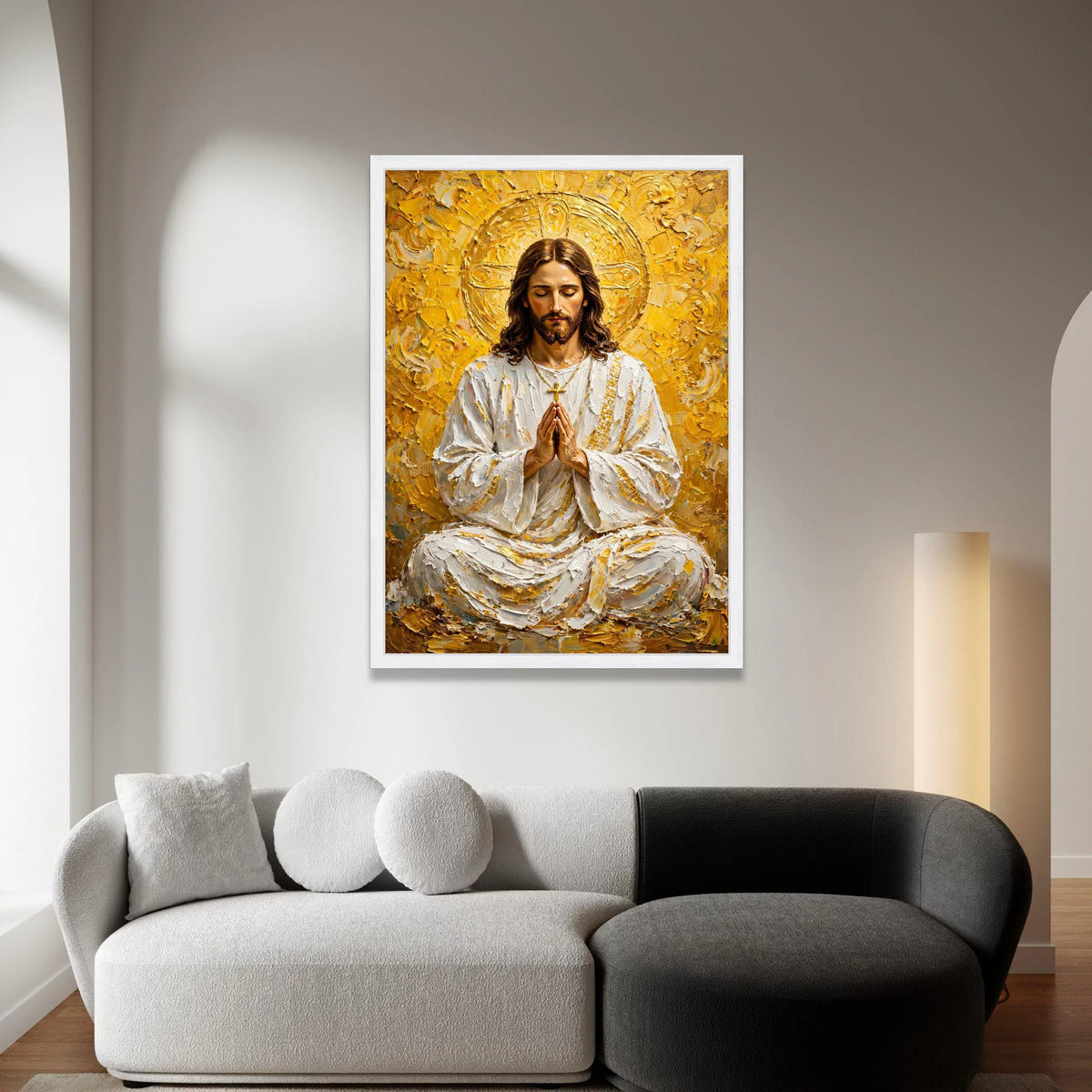 Serene Praying Jesus Canvas Wall Art, Spiritual Christian Decor, Religious Inspirational Painting, Golden Halo Sacred Art, Canvas Print Art