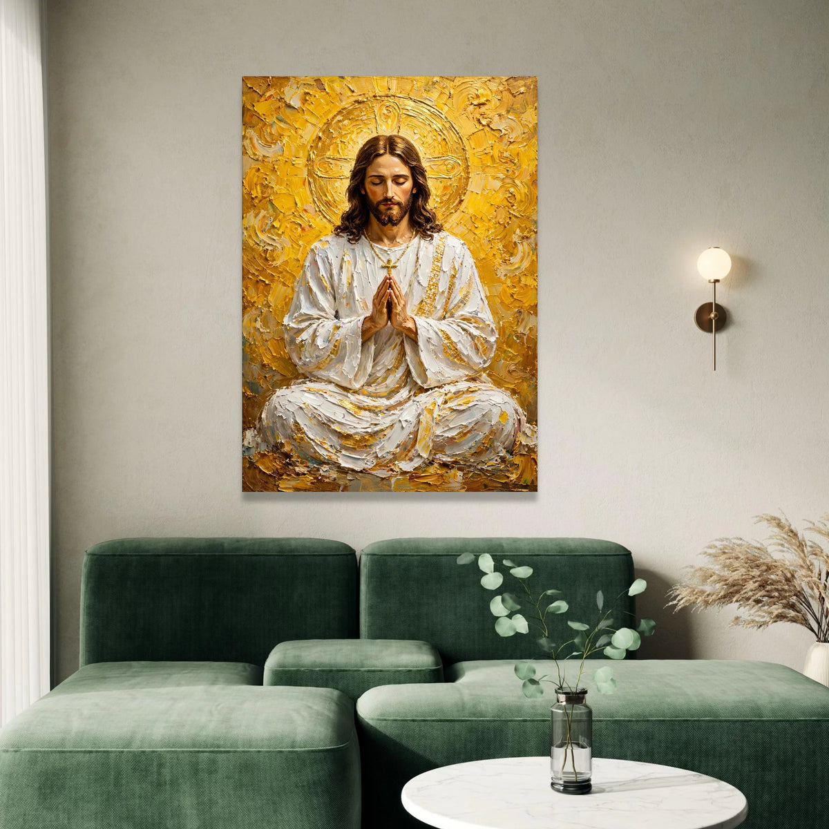 Serene Praying Jesus Canvas Wall Art, Spiritual Christian Decor, Religious Inspirational Painting, Golden Halo Sacred Art, Canvas Print Art