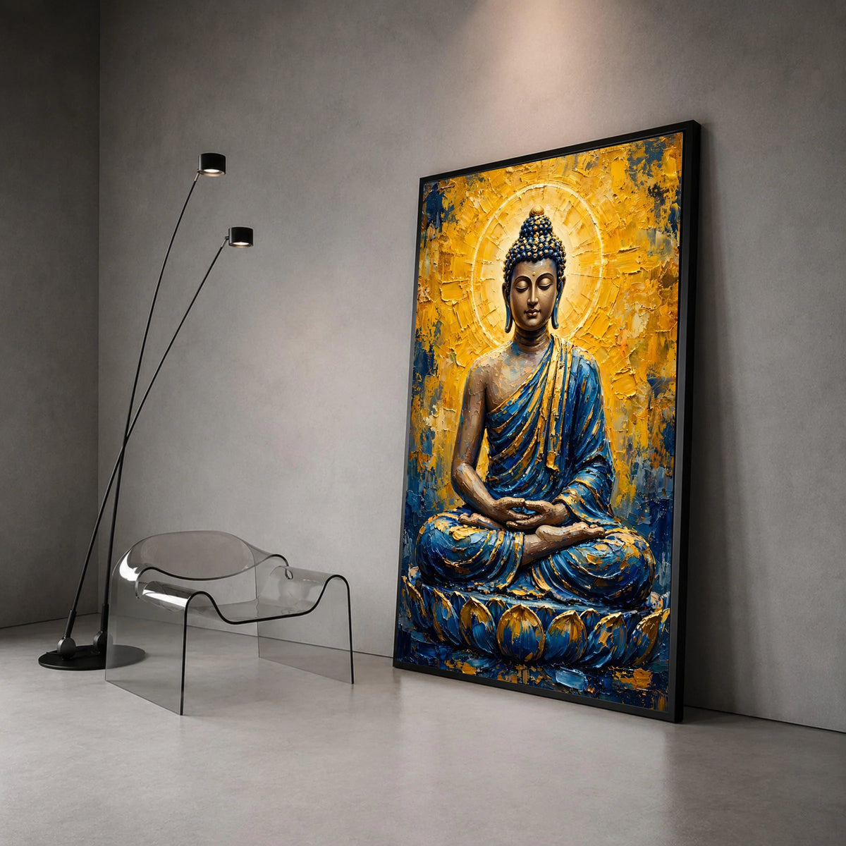 Meditative Buddha Canvas Wall Art, Spiritual Zen Decor, Blue and Gold Buddha Painting, Relaxing Home Decoration, Peaceful Canvas Print Art