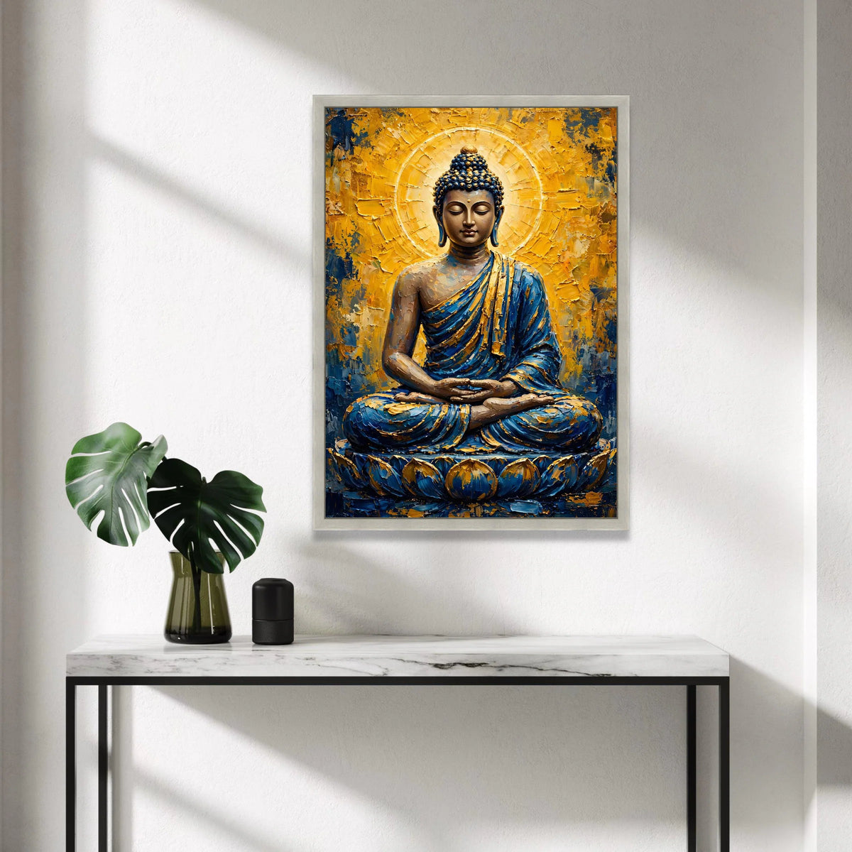 Meditative Buddha Canvas Wall Art, Spiritual Zen Decor, Blue and Gold Buddha Painting, Relaxing Home Decoration, Peaceful Canvas Print Art