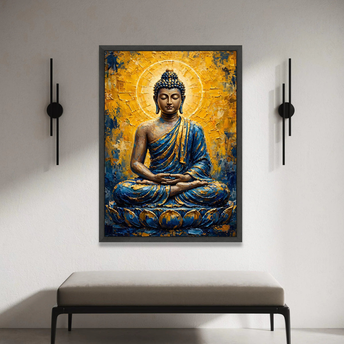 Meditative Buddha Canvas Wall Art, Spiritual Zen Decor, Blue and Gold Buddha Painting, Relaxing Home Decoration, Peaceful Canvas Print Art