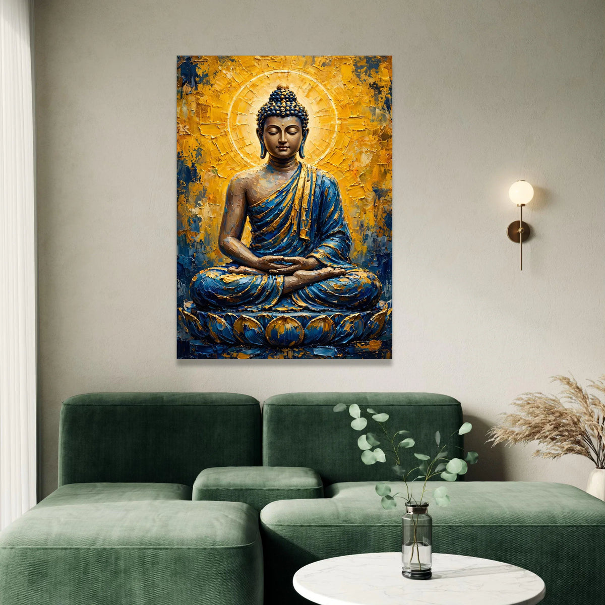 Meditative Buddha Canvas Wall Art, Spiritual Zen Decor, Blue and Gold Buddha Painting, Relaxing Home Decoration, Peaceful Canvas Print Art