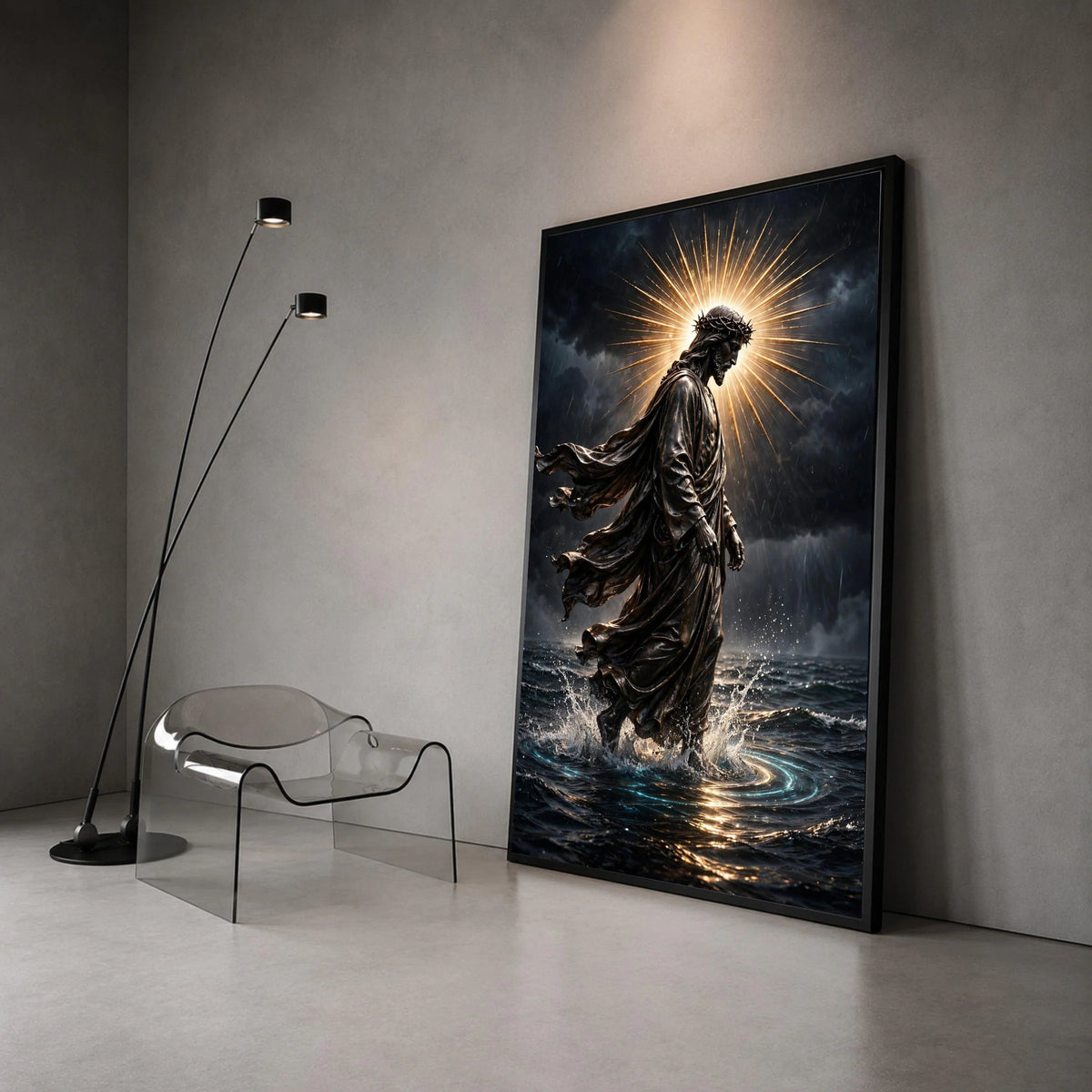 Jesus Walking on Water Canvas, Spiritual Christian Wall Art, Religious Statue Canvas, Halo Light Canvas, Faith Home Canvas Print Art