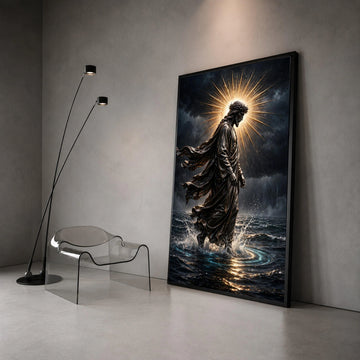 Jesus Walking on Water Canvas, Spiritual Christian Wall Art, Religious Statue Canvas, Halo Light Canvas, Faith Home Canvas Print Art