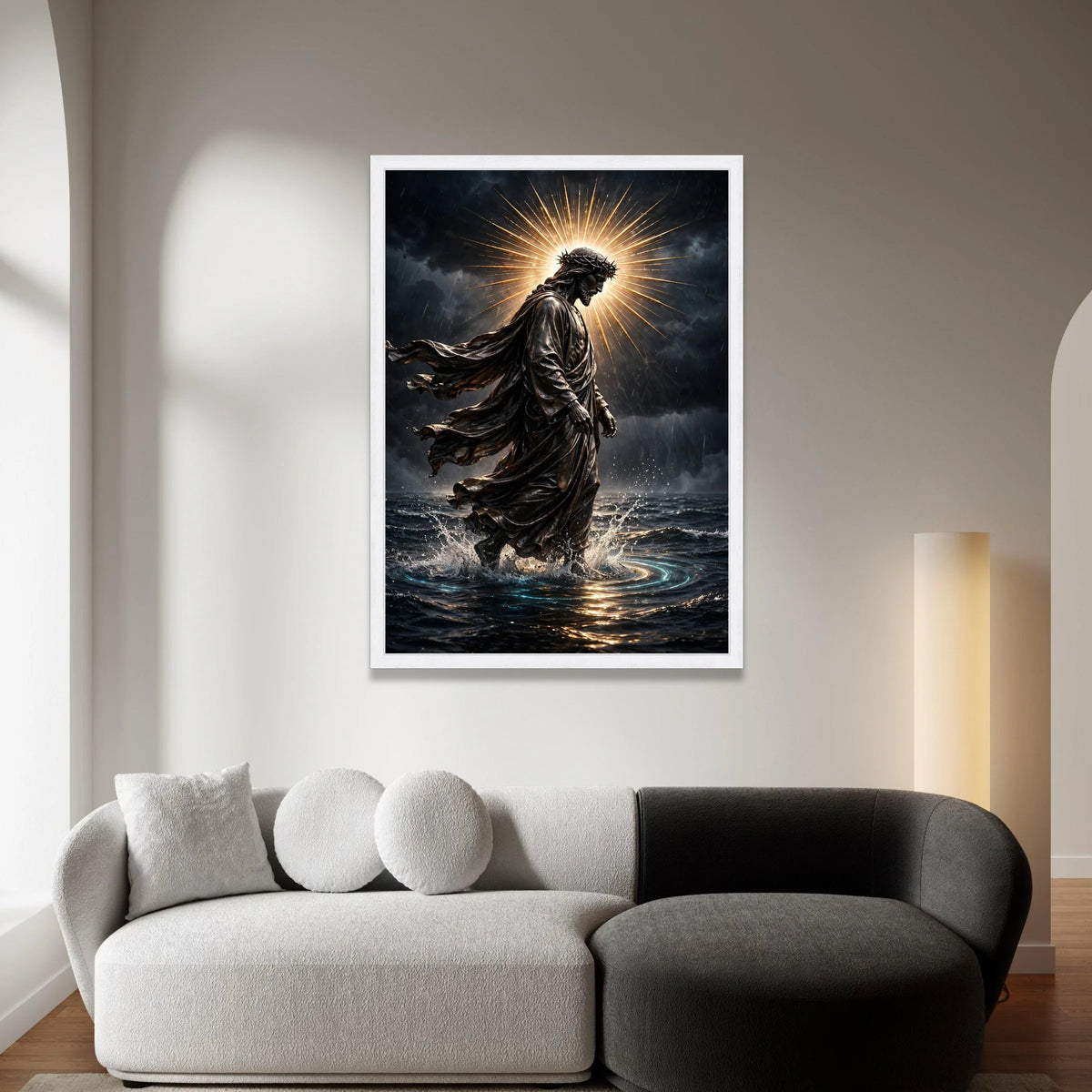 Jesus Walking on Water Canvas, Spiritual Christian Wall Art, Religious Statue Canvas, Halo Light Canvas, Faith Home Canvas Print Art