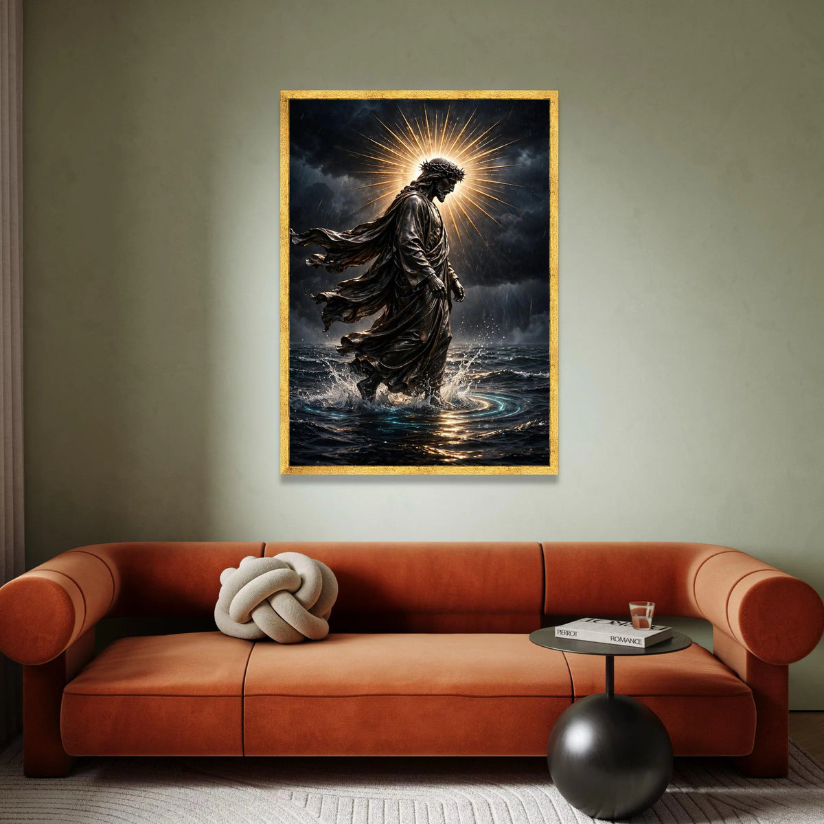 Jesus Walking on Water Canvas, Spiritual Christian Wall Art, Religious Statue Canvas, Halo Light Canvas, Faith Home Canvas Print Art
