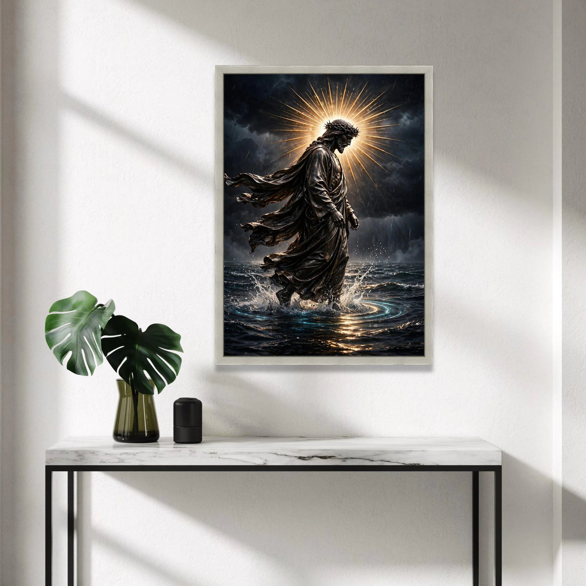 Jesus Walking on Water Canvas, Spiritual Christian Wall Art, Religious Statue Canvas, Halo Light Canvas, Faith Home Canvas Print Art