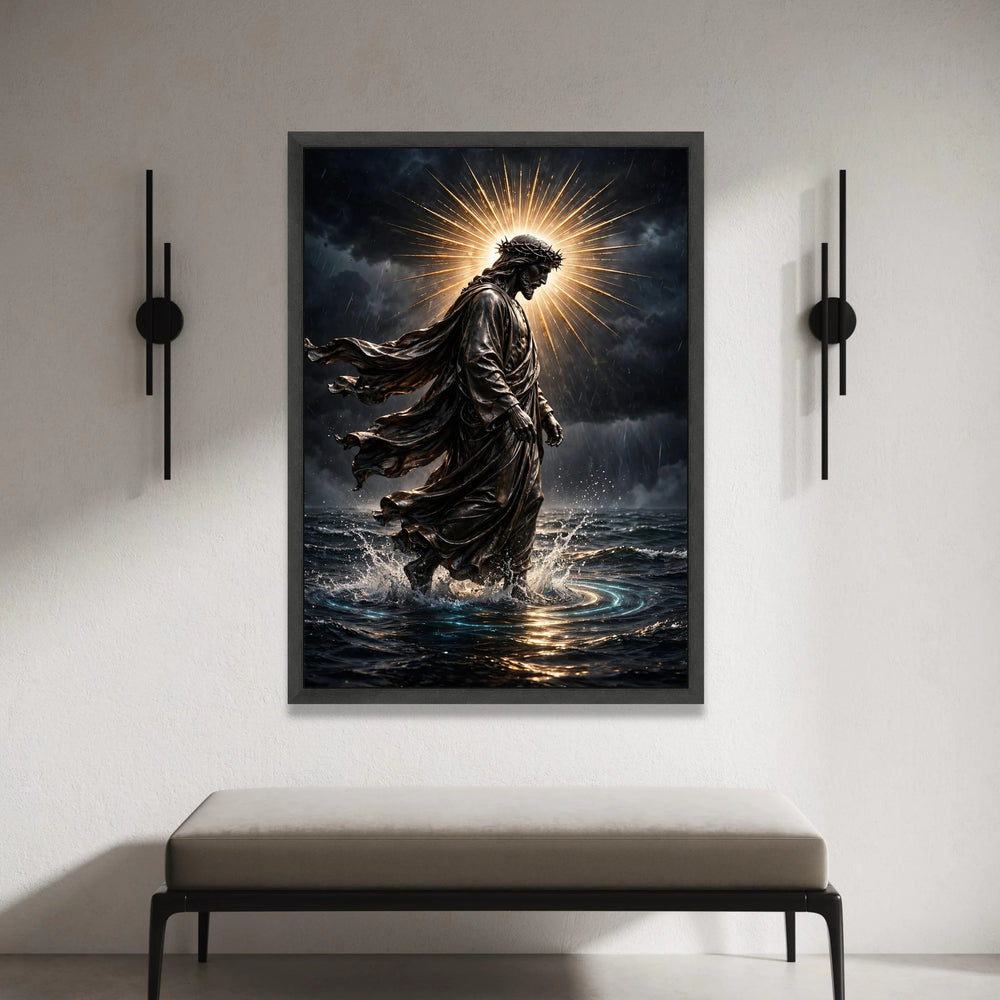 Jesus Walking on Water Canvas, Spiritual Christian Wall Art, Religious Statue Canvas, Halo Light Canvas, Faith Home Canvas Print Art