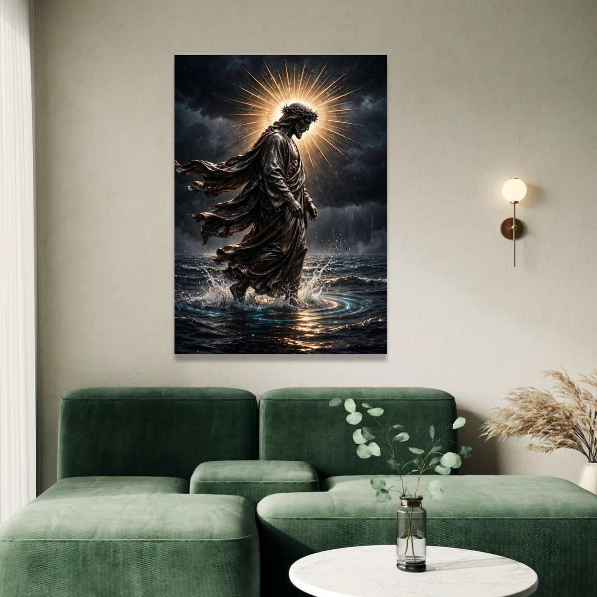 Jesus Walking on Water Canvas, Spiritual Christian Wall Art, Religious Statue Canvas, Halo Light Canvas, Faith Home Canvas Print Art