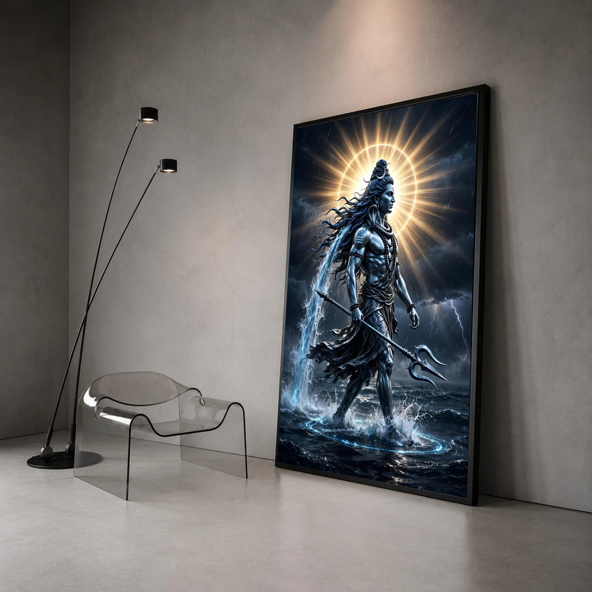 Powerful Shiva God Canvas Wall Art, Hindu Mythology Decor, Trident and Water Element Canvas, Divine Spiritual Wall Hanging, Canvas Print Art