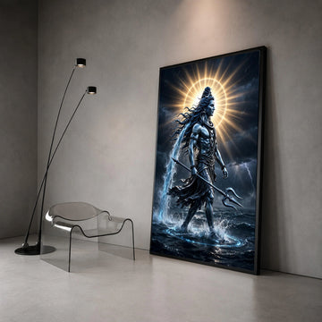 Powerful Shiva God Canvas Wall Art, Hindu Mythology Decor, Trident and Water Element Canvas, Divine Spiritual Wall Hanging, Canvas Print Art